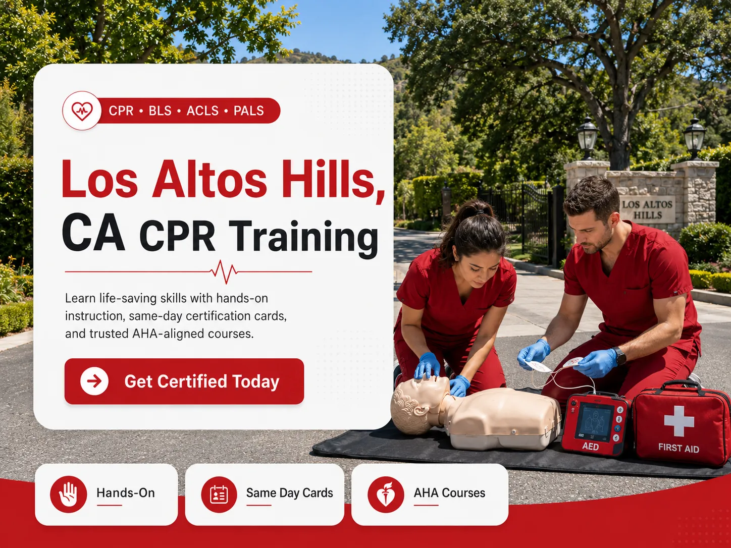 CPR mannequin practice during BLS certification class in Los Altos Hills, CA